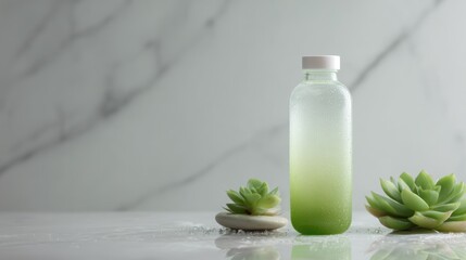  Minimalist skincare product mockup with a frosted green bottle and succulents on a marble background