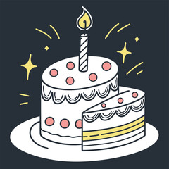 Hand-drawn Birthday Cake with Candle and Slice.