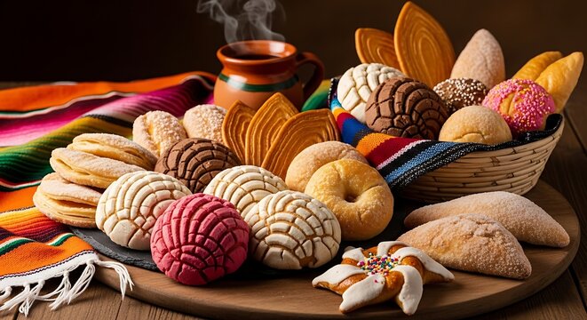 Delicious assortment of traditional Mexican sweet bread pastries on display.