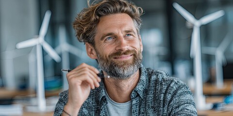 Smiling businessman looking at wind turbine model in office