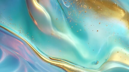 Fluid abstract background with metallic gold to cyan gradient, soft light diffusion and holographic refraction