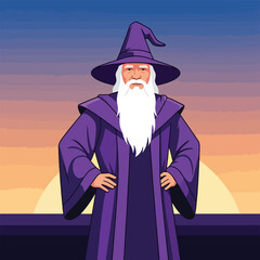 Majestic wizard with long white beard in purple robe, sunset background.