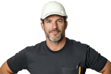 Confident male construction worker wearing a helmet, posing with a pencil, isolated on white background.