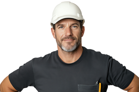 Confident male construction worker wearing a helmet, posing with a pencil, isolated on white background.