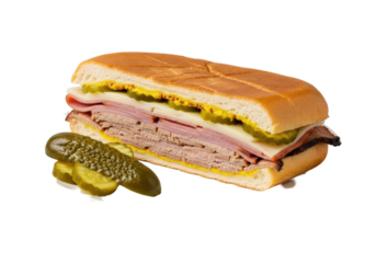 Perfectly pressed golden Cubano sandwich, layered pork, ham, Swiss, pickles, mustard, on Cuban bread, with fanned dill slices on white plate, high-key studio food concept