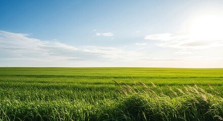 Obraz premium A vast, tranquil field of vibrant green grass stretches beneath a clear, breezy sky, filled with fluffy white clouds.