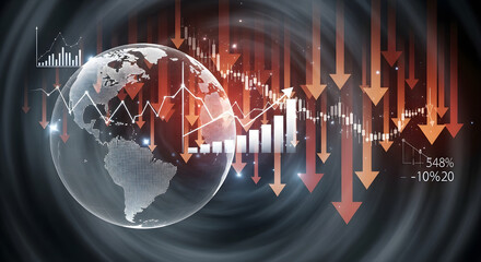 Global financial crisis with downward trending stock market graph and arrows indicating economic recession and market crash