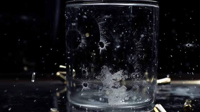 Slow motion glass shattering from bullet impact, flying fragments and gun shell explosion, cinematic crime scene concept, dramatic destruction energy motion, broken transparent surface debris detail, 