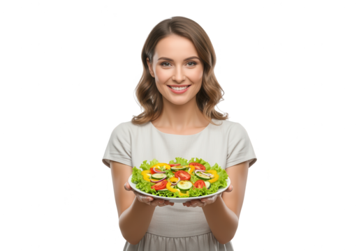 Smiling Woman Holding Fresh Vegetable Salad on White Background - Powered by Adobe