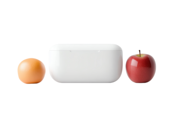Fresh fruits, an apple and a peach, positioned beside a modern white container on a clean background.
