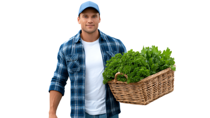 Man carrying a basket full of fresh greens against a white isolated background.