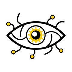 Abstract yellow sun or virus symbol with orbiting dots on black background