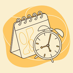 A simple line art illustration of a desk calendar and an alarm clock representing time management and scheduling.