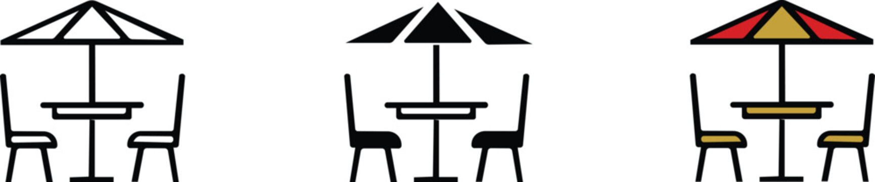 Terrace cafe chairs icons set, patio table with umbrella cafe chair table umbrela set set of silhouette. patio table with umbrella cafe chair table umbrela set icon set vector.