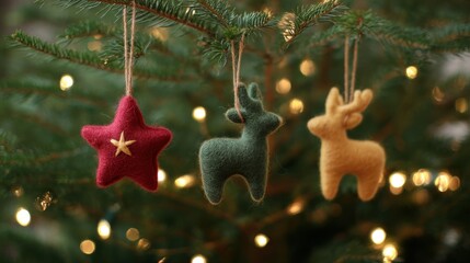 Christmas tree with star and reindeer ornaments hanging