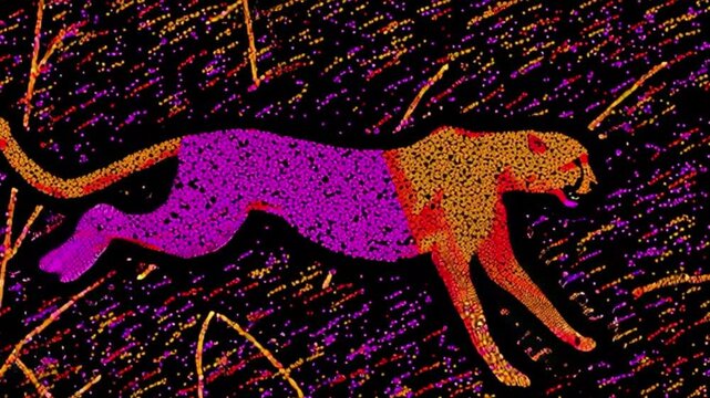 Cheetah running through savannah neon glitter art, dynamic abstract colorful drawing, vibrant motion illustration, handmade modern pop cartoon animation style, endless seamless loop wild cat concept
