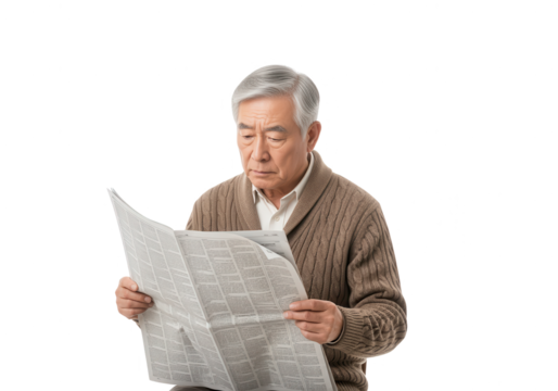 Senior Asian Man Reading Newspaper on White Background