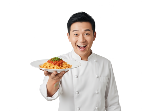 Enthusiastic Asian Chef Holding Plate of Pasta