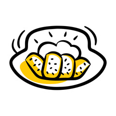 Stylized illustration of sliced yellow fruit with black seeds on a black background