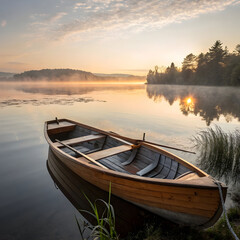 Obraz premium A wooden rowboat rests on a calm lake at sunrise, evoking peace, reflection