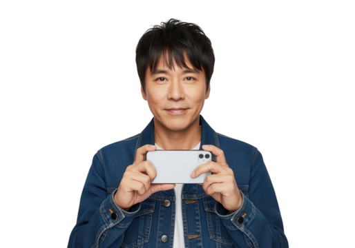 Asian Man Holding Smartphone Horizontally on White Background