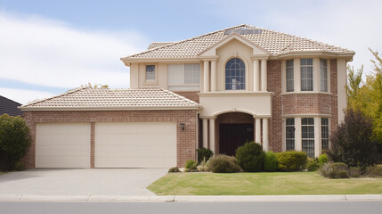 Fototapeta premium Charming Australian-style suburban home with a manicured lawn, bathed in natural daylight under a soft cloudy sky.