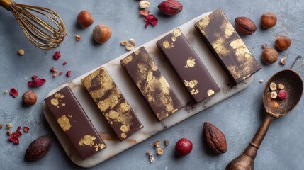 Chocolate bars with golden leaf decoration, hazelnuts and cocoa beans