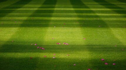 Green grass lawn with stripes and red petals