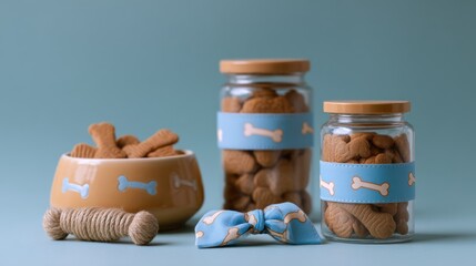 Dog treats in jars and bowl with bone pattern on blue background