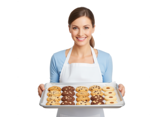 Baker Holding Tray of Cookies on White Background