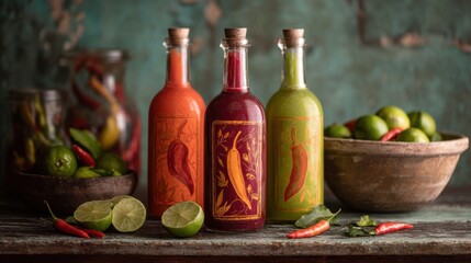 Three glass bottles of homemade chili sauce with chili pepper labels