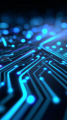 Futuristic glowing blue circuit board close-up. 
