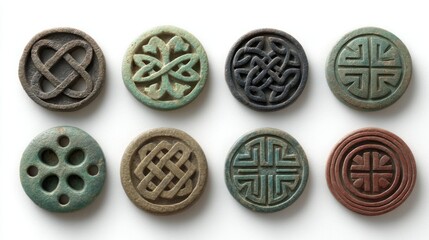 Set of Heritage Ancient Carved Stone Amulets with Celtic Knots and Mystical Symbols Isolated on White Background