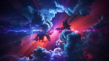 Dramatic lightning storm illuminates vibrant clouds with stunning celestial energy display
