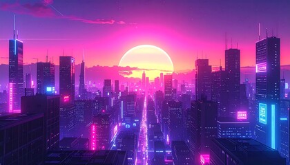 Vibrant Futuristic Cityscape at Sunset.
