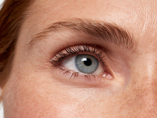 Obraz premium Close-up image of a blue eye with detailed eyelashes, eyebrow, and natural skin texture, showing freckles and fine lines around the eye area