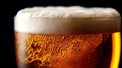 Close-up of a frothy amber beer with bubbles rising through the liquid, topped with a creamy white foam head against a dark background