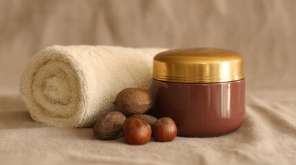 Shea butter cream with nuts and towel