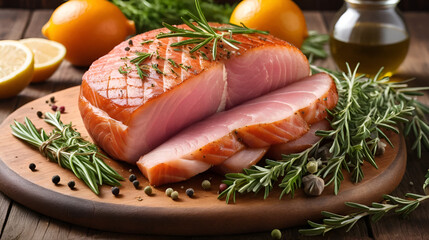 Organic farm gammon with herbs and spices on wooden table traditionally produced