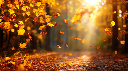 Autumn leaves in vibrant orange and yellow fall gently through a sunlit forest path, creating a warm and serene seasonal atmosphere