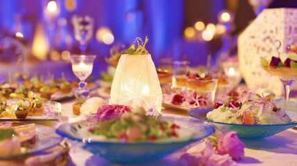 Gourmet wedding buffet table with decorative plates, focusing on a beautifully arranged centerpiece dish.