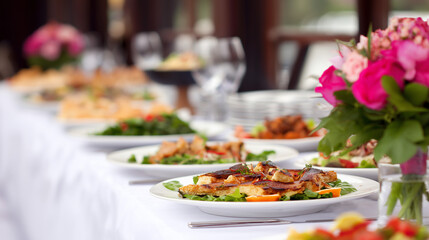 Gourmet wedding buffet table with decorative plates, focusing on a beautifully arranged centerpiece dish.