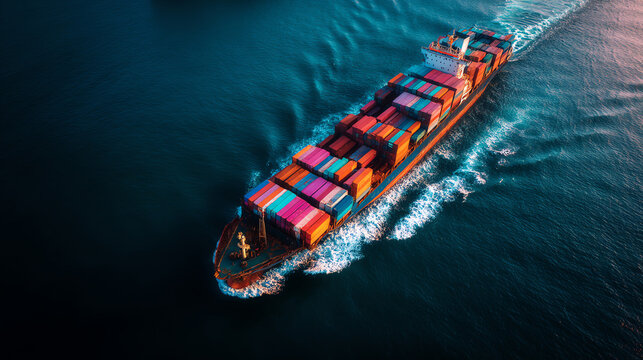 A large cargo ship sails through deep blue waters, carrying numerous colorful shipping containers arranged neatly on its deck, leaving a white wake behind
