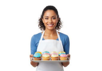 Baker Holding Tray of Colorful Cupcakes