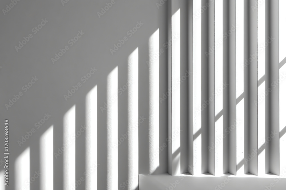 Aufkleber sunlight casts diagonal shadows through vertical blinds onto a white wall, creating a minimalist and