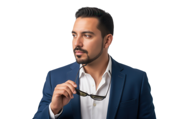 Thoughtful Hispanic Man in Suit with Sunglasses on White