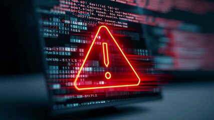 Cybersecurity warning alert on digital computer screen, red error symbol with code background, data breach hacking concept, malware attack security risk alert system, cybercrime virus threat technolog - Powered by Adobe