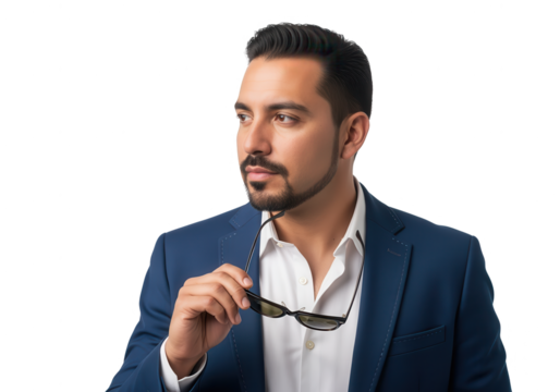 Thoughtful Hispanic Man in Suit with Sunglasses on White