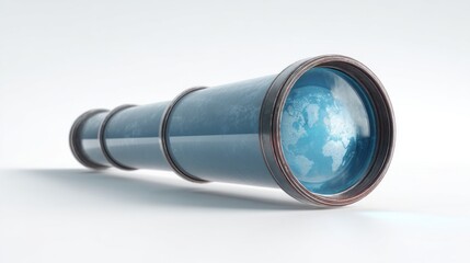 Telescope with world map reflection on white background