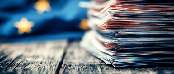 Stack of documents on a wooden surface with a blurred European Union flag in the background, symbolizing bureaucracy, administration, or legal matters in Europe